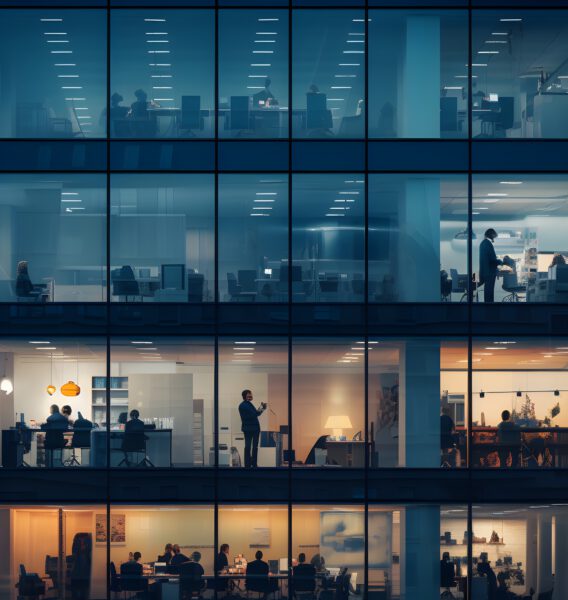 Photograph of a high end corporate office block taken from across the street through the windows